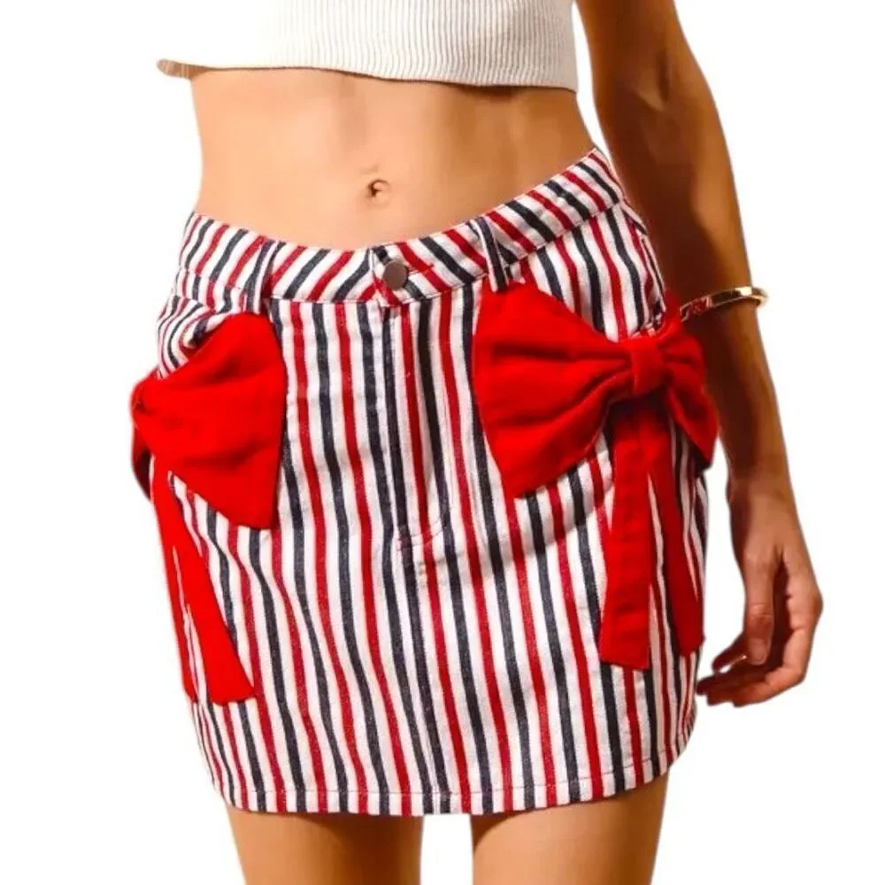 Denim Mini Skirt Patriotic Flag USA Red White Blue Striped Bow Pocket XL SO ME - Picture 1 of 13